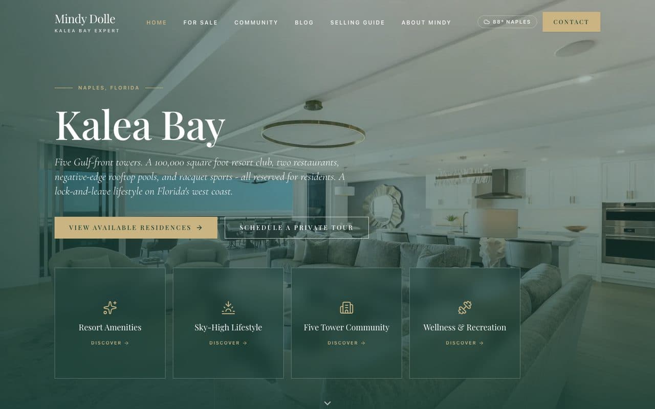 Screenshot of the Kalea Bay website home page, with a Gulf-view residence interior and links to amenities, lifestyle and community